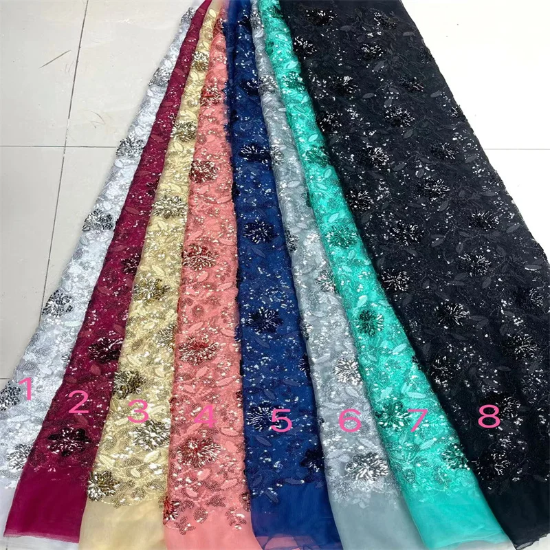 2024 Latest African Lace Fabric with 3D Sequins High Quality French Mesh Tulle Embroidery Net Lace Sew Wedding Dresses 2.5 Yards