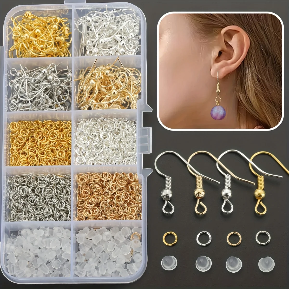 1960 PCS/BOX Jewelry Making Parts Set Includes Ear Hooks, Open Rings and Ear Tips, Suitable for Handmade DIY Earring Jewelry Mak