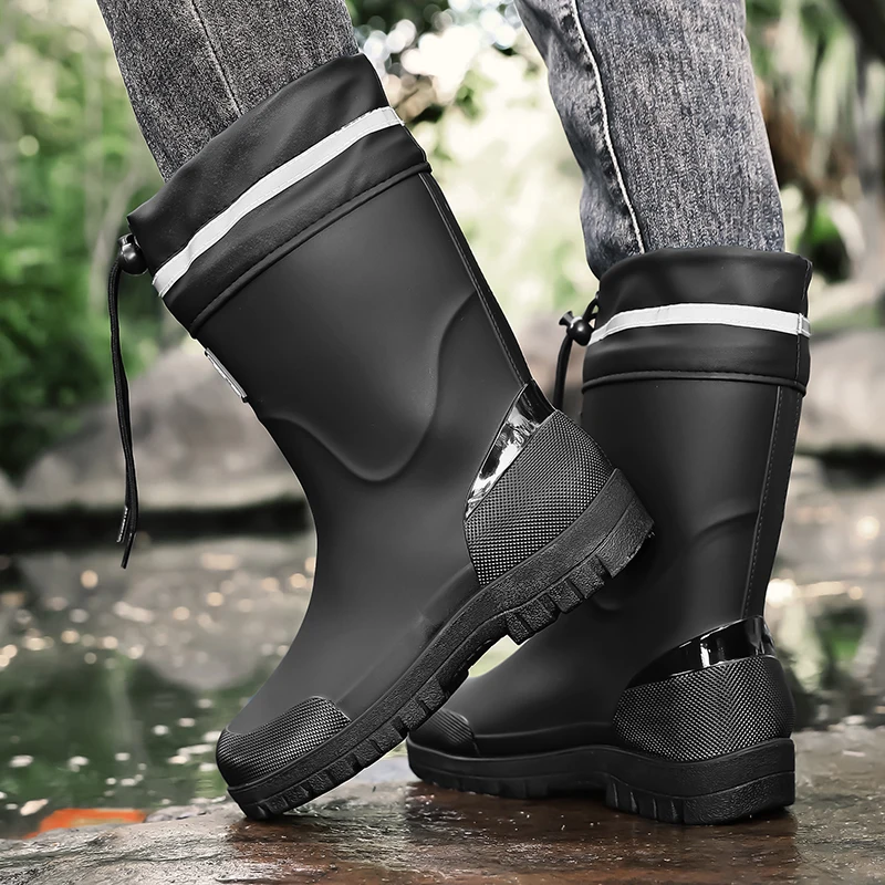 

Men's Rain Outdoor Boots Mid-calf Drawstring Waterproof Rain Boots Portable Non-slip Wear-resistant Soles All-Season Wear