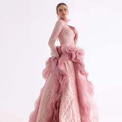 Luxury Beads Sequined Evening Dresses Pink High Collar Long Sleeves A-Line Prom Gowns Ruched Ruffles Wedding Party Dresses