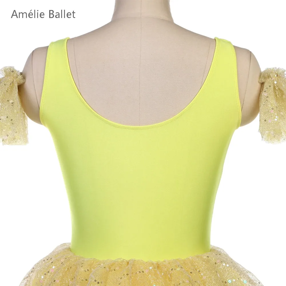 25099 Geel Spandex Top Lijfje met Gouden Trim Romantische Ballet Tutu Volwassen Meisjes Stage Performance Danskostuums