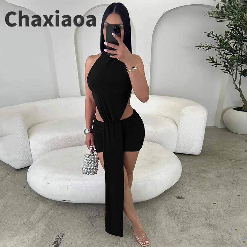 Chaxiaoa rückenfreie sexy Minikleider für Damen, Vestidos, 2026, Frühlingsmode, ärmellos, aushöhlen, Band, figurbetontes Kleid, Schwarz, Rosa