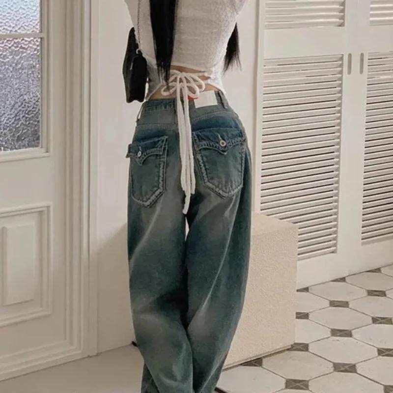 Cintura alta perna larga casual chique americano retro jeans feminino até o chão solto emagrecimento calças compridas corte reto sem estiramento
