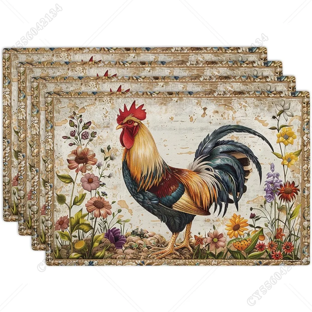 Farmhouse Rooster Placemats Set Of 4 Rustic Chicken Imitation Linen Placemat Farm Heat Resistant Dining Place Mats Country