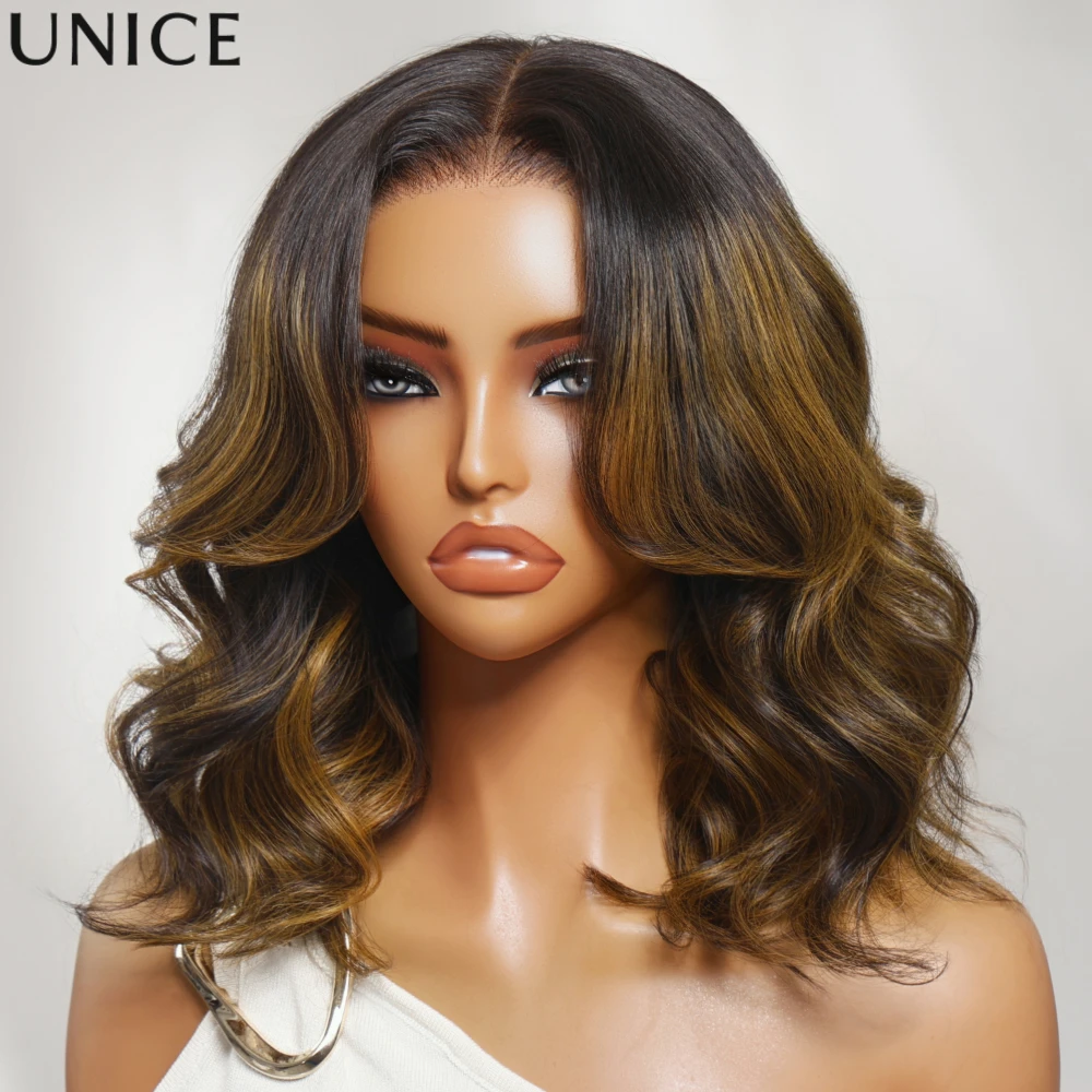 UNice 7x5 Bye Bye Slip ™   Perruque Bob ondulée avec mèches balayage, avec cordon de serrage invisible, prête à porter, sans colle, cheveux humains
