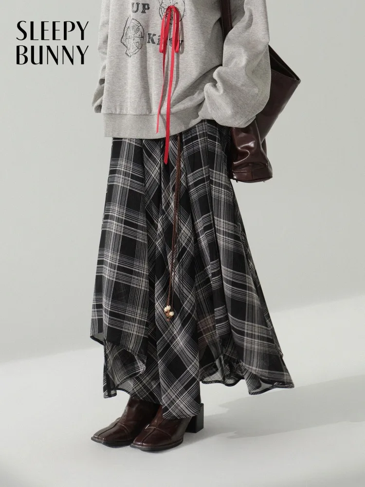 

Women Elegant Plaid Chiffon Skirt Vintage Long Maxi Skirt Irregular Hem High Waist A-Line Skirt for Ladies Autumn Casual Outfits