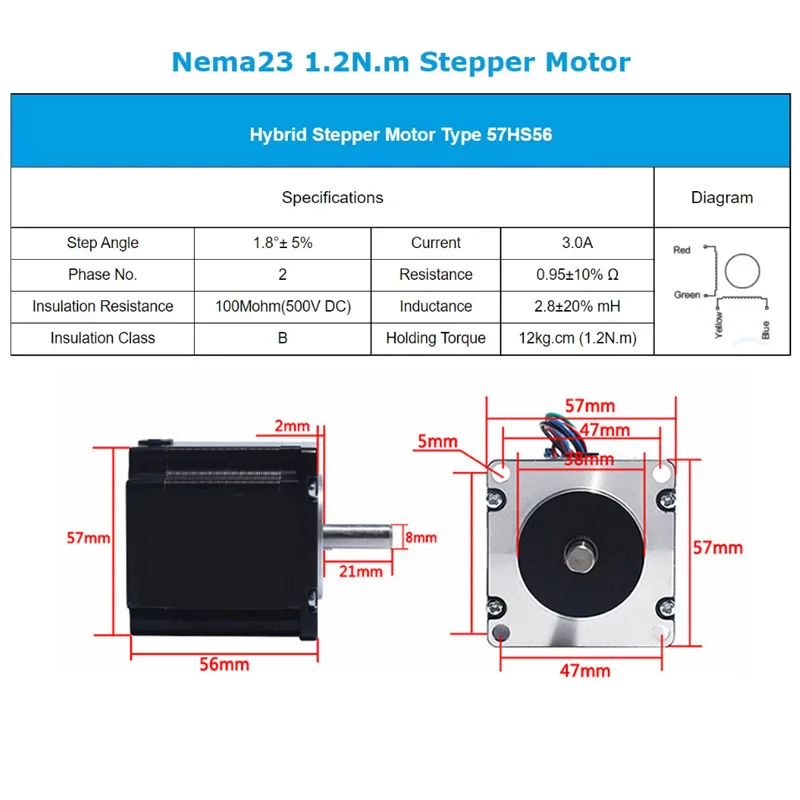 57mm Nema23 3A 2-Phase Stepper Motor 1.2N/2N 2.2Nm/2.5N/3Nm 4-Lead with 8mm Shaft for CNC Engraver Router 3D Printer