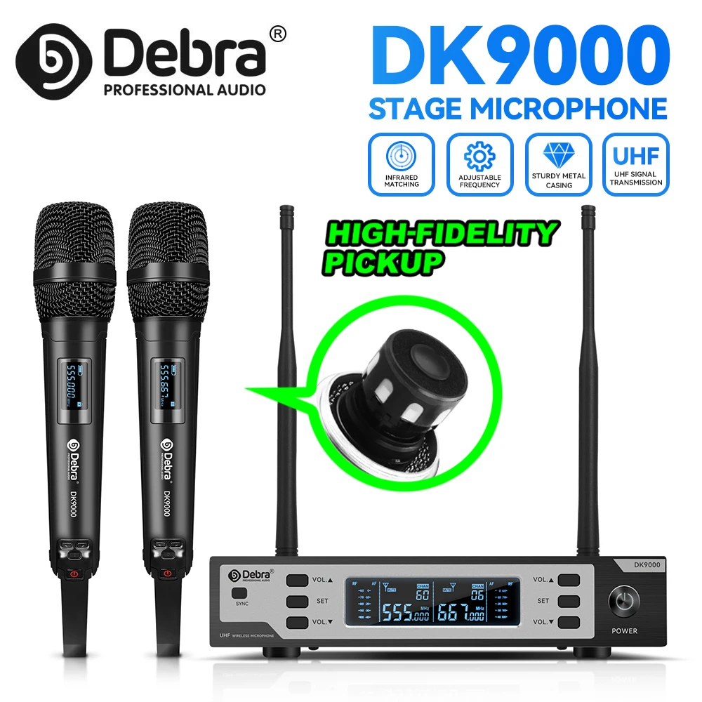 

Беспроводная микрофонная система Debra DK9000 UHF, многоканальный UHF-микрофон с автоматической настройкой частоты для церквей, караоке и музыкальных групп