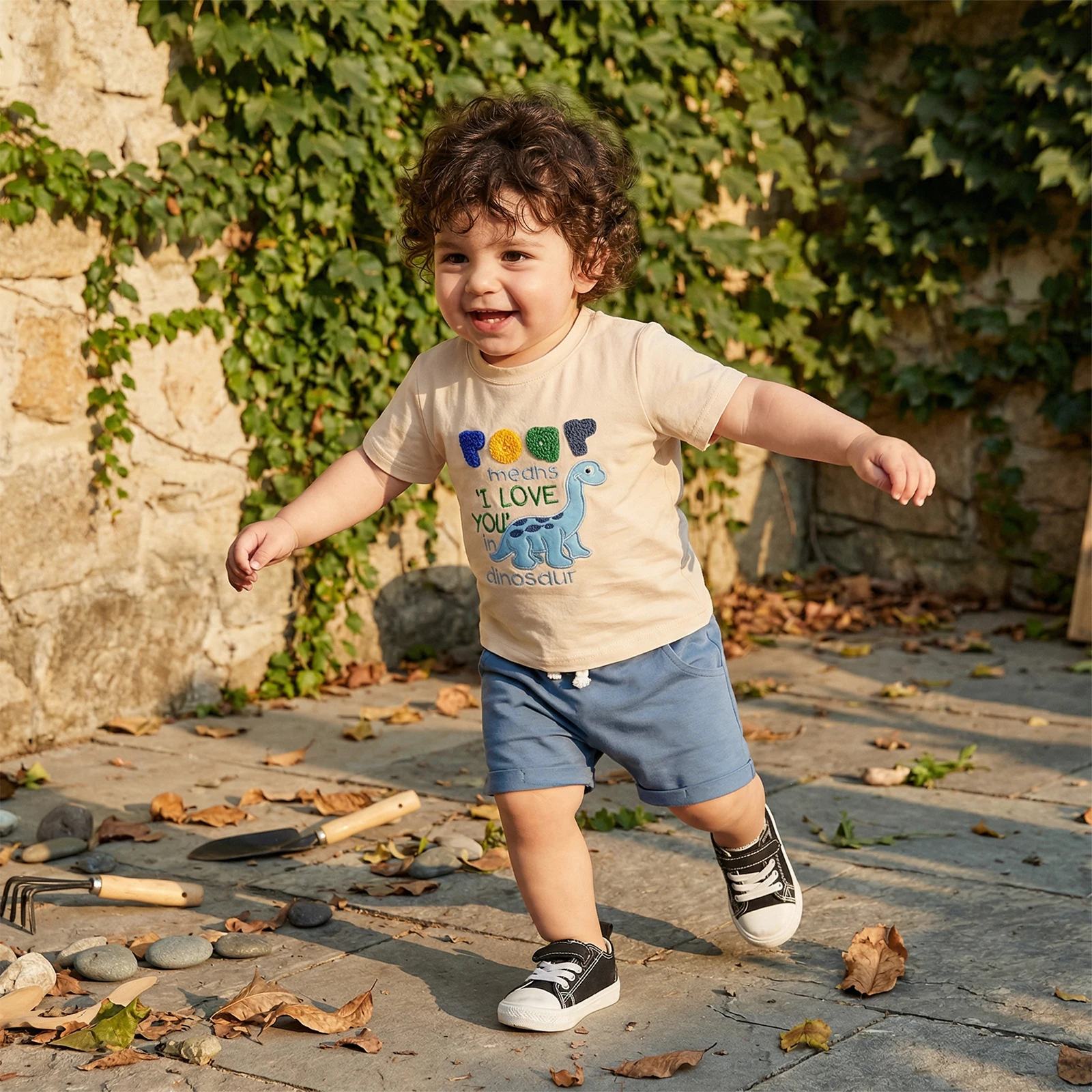 Little Boys Summer Outfits Adorable Dinosaur Letter Embroidery Short Sleeve Round Neck Tops and Shorts Set