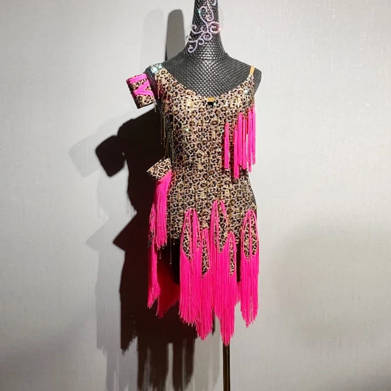 Latin Dance Adult Children AB Stone Dress High-End Custom Leopard Print Small Fringe Dress Precisely Tango Women'S Clothing
