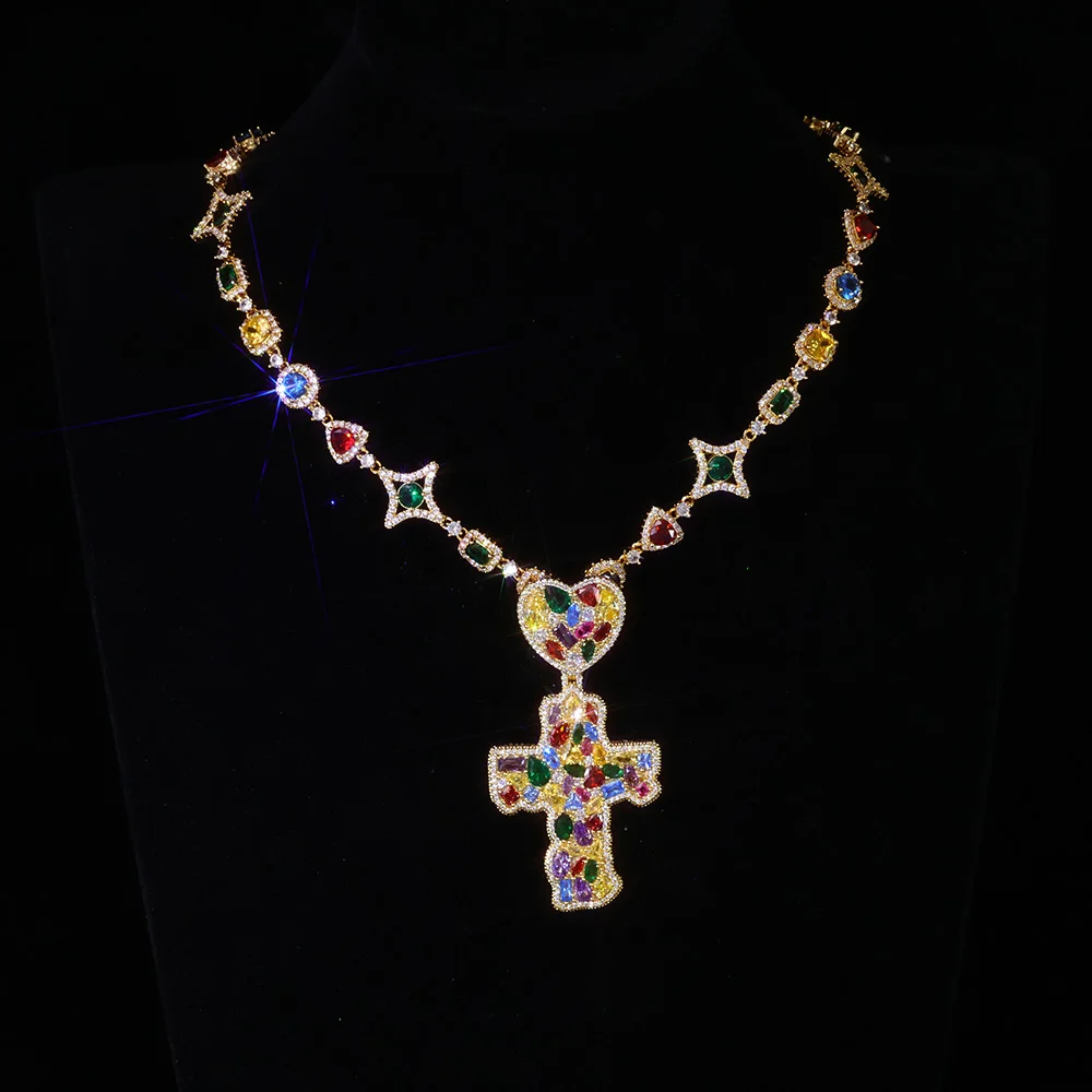 

NY Hip Hop Iced Out Multi Color Cross Pendant High Quality Custom Colorful Gemstone Necklace Jewelry for Women