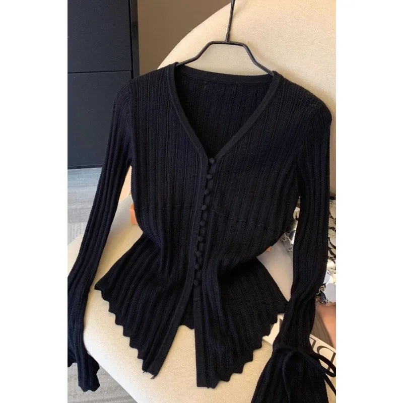 Women's French Style V Neck Knit Cardigan Flared Sleeve Waist cinched Slim Fit Casual Daily Top