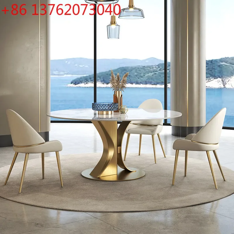 

Round rock slab dining table turntable creative light luxury modern simple home dining table