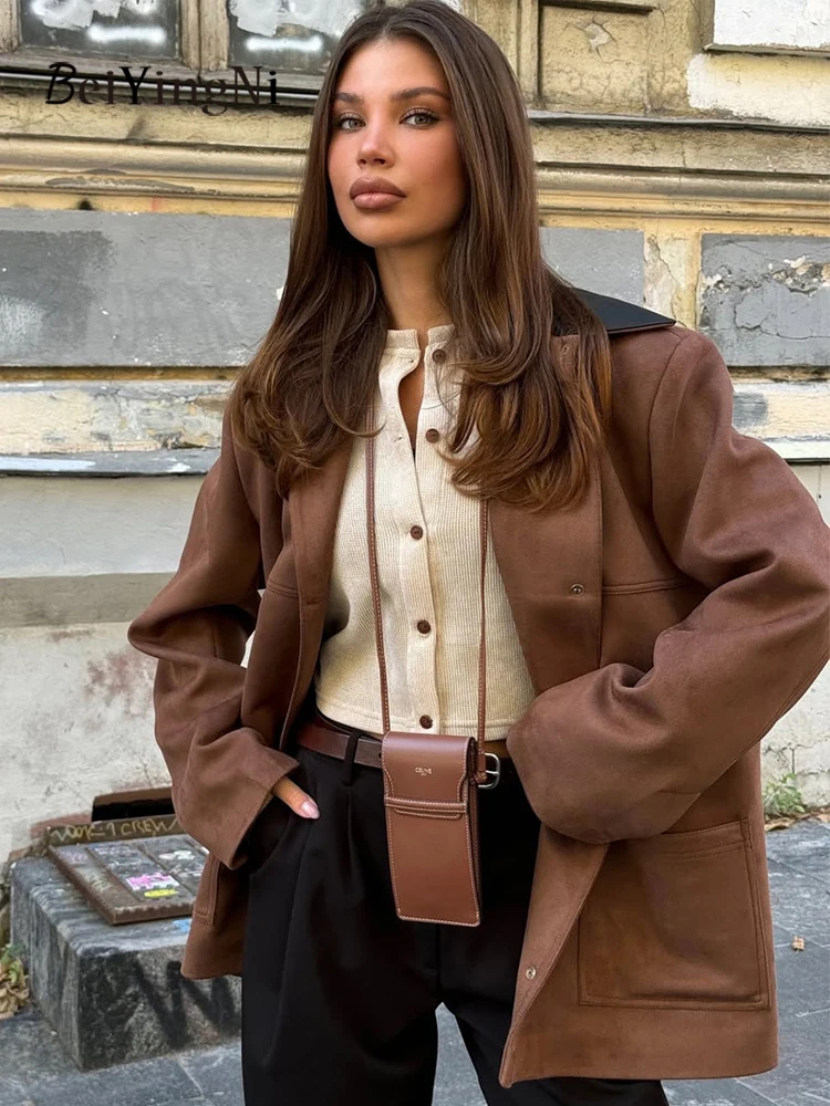 

Beiyingni, осенне-зимняя женская куртка 2024, повседневная элегантная французская винтажная женская замшевая куртка, новая однобортная верхняя одежда