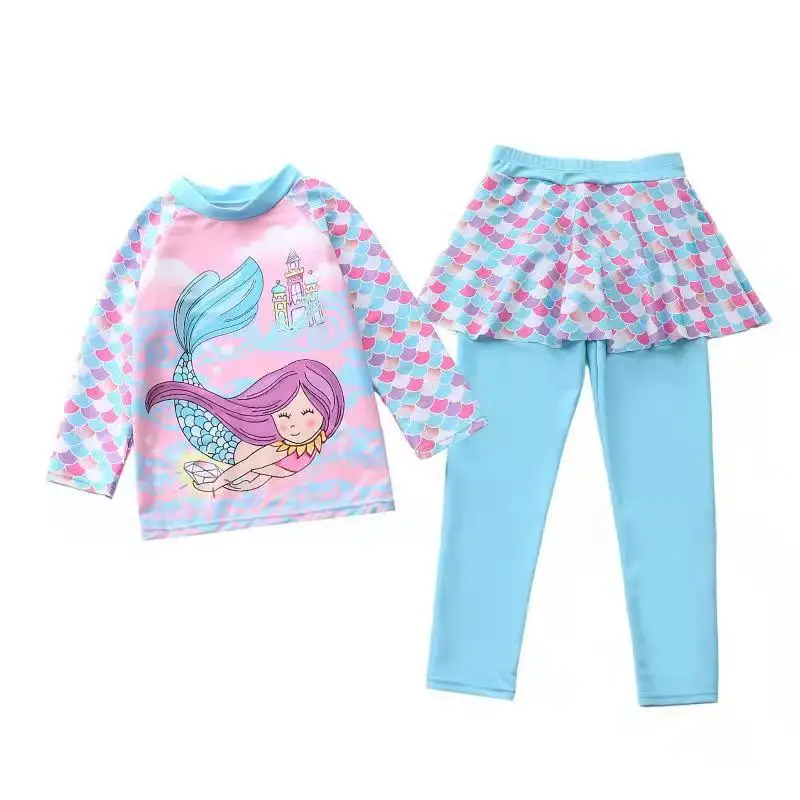 Meisjes Badmode Lange Mouw Afgeschermde Broek Met Rokjes En Twee Stukken Set Kinderbadpak Voor Meisjes Zomer Strandbadpak Kids