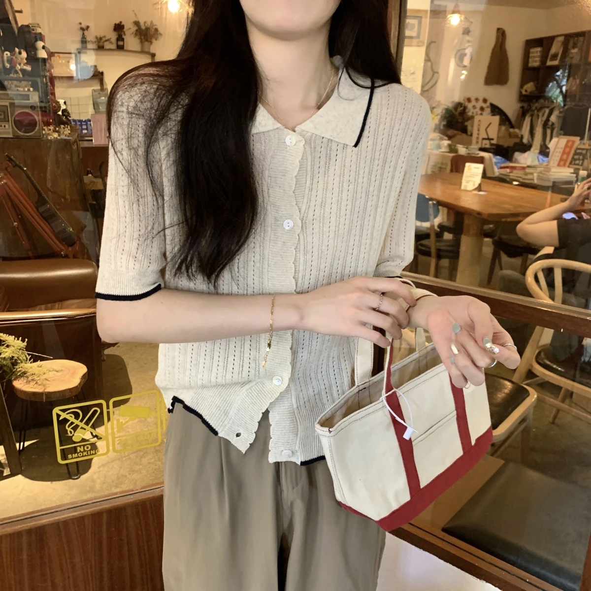 Vintage Polo Collar Knitted Cardigan Women Tops Korean Fashion Short Sleeve Solid Sweater Hollow Out Office Lady Blouse