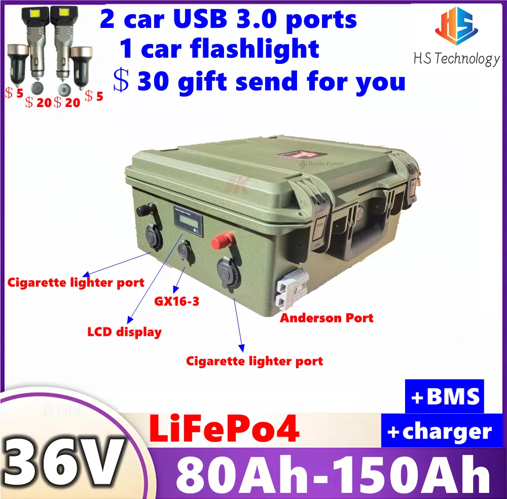 

HS 36V LiFepo4 100Ah 80Ah 120Ah 150Ah Lithium Battery with Bluetooth BMS for Ttrolling Motor Propeller Boat Solar System Outdoor