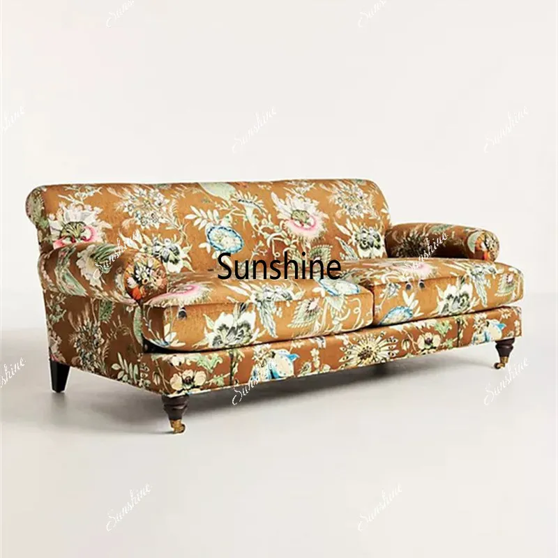 French retro brown flannel straight row three-person sofa living room small apartment