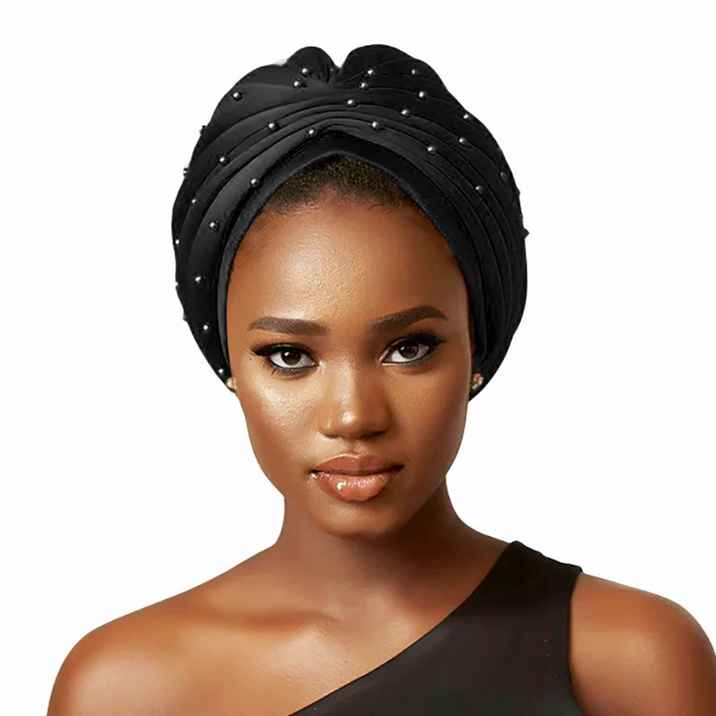 

Indian Beaded Turban Cross Beanies Women African Headties Muslim Hijab Pleated Hat Chemo Cap Hair Loss Headscarf Bonnet Turbante