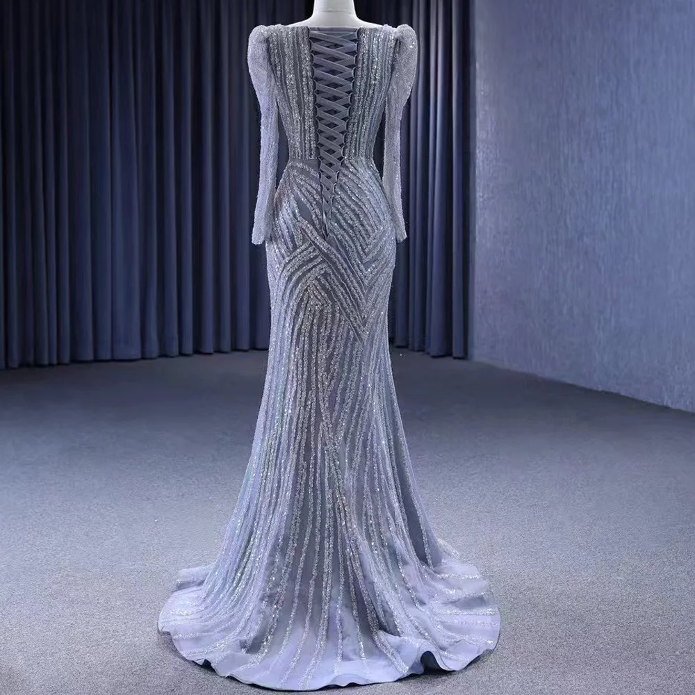 Robe de soirée à col en V, manches longues, dos lacé, paillettes, coupe fourreau, personnalisable avec traîne amovible pour femmes