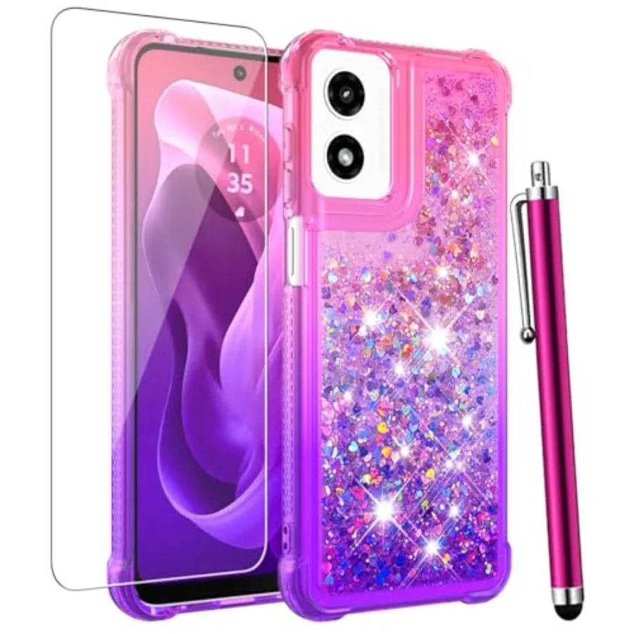 

for Moto G Play 2024 Case with Screen Protector, Cute Women Girls Glitter Bling Liquid Floating Phone Case Slim TPU Soft Silico