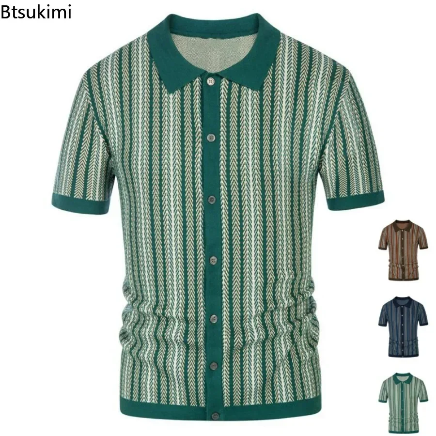 2025 Men's Summer Casual Stripe Shirts Knitted Vintage British Breathable Patchwork Short Sleeve Jacquard Business Polo Shirt