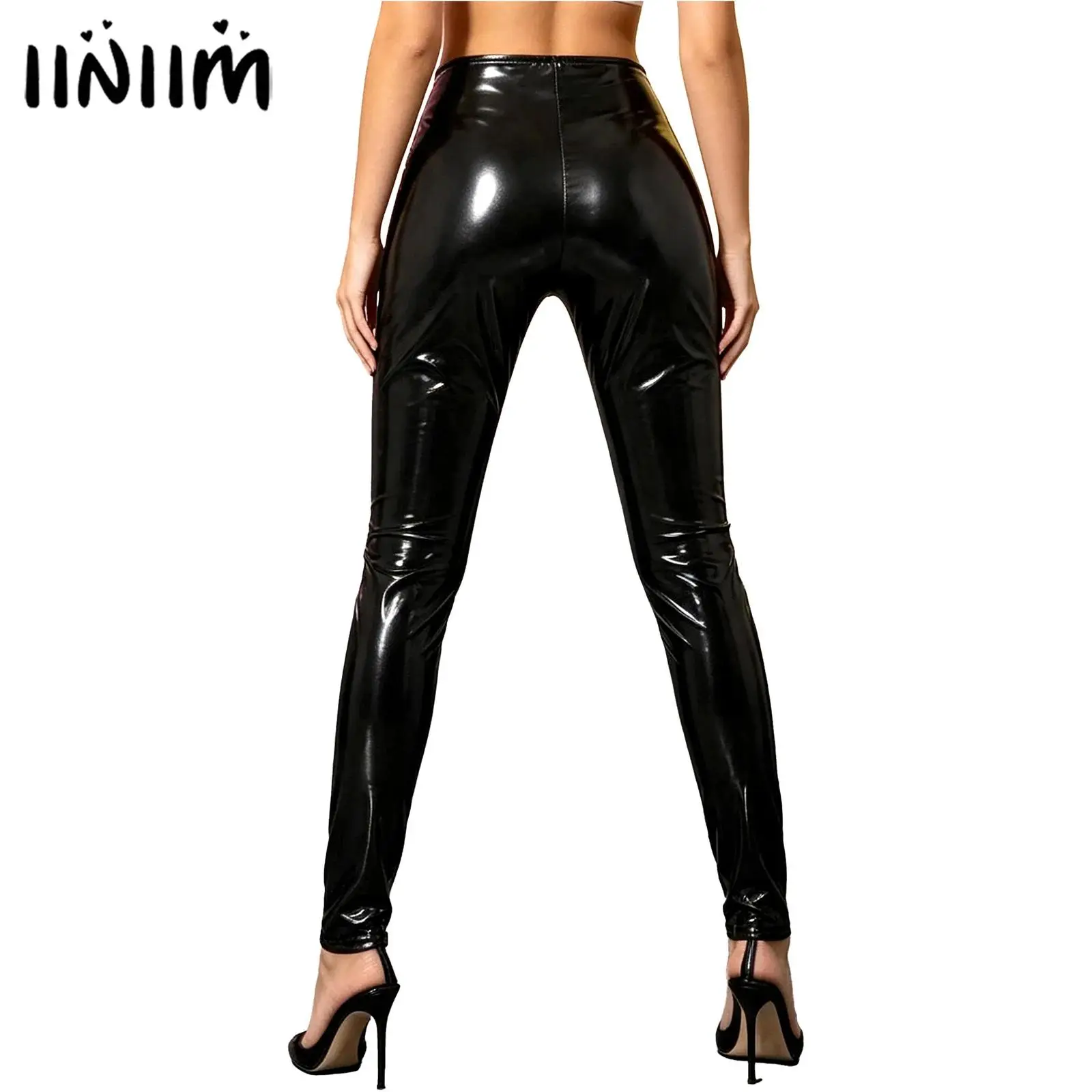 Womens High‑Waist Shiny Pants Multi Vertical Zipper Decor Slim Fit PU Leather Trousers Rave Party Outfits Wet Look Clubwear