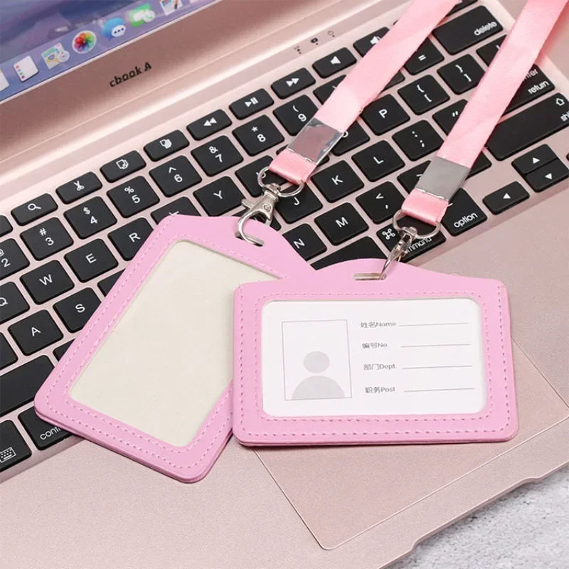 1pc PU Leather ID Badge Name Card Holder with Lanyard Waterproof Solid Color Cards Protecting Cover Nurse School Office Supplies