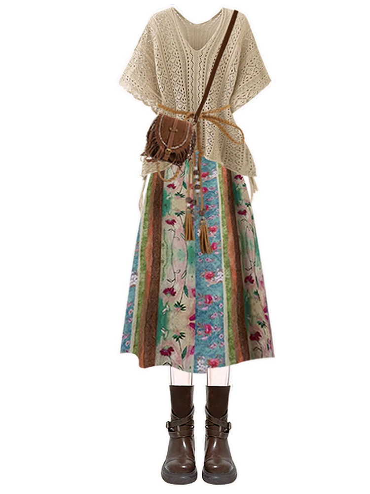 Conjunto de Moda de Viagem Boêmio com Saia Estampada e Top de Alças Versátil de Verão F em Poliéster de Alta Qualidade