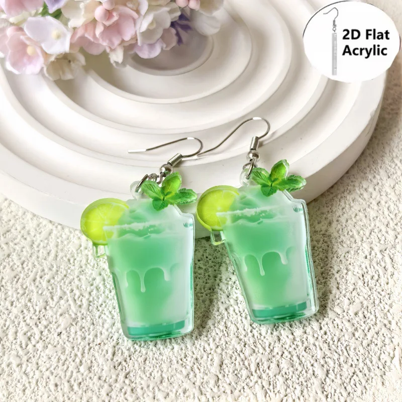 Summer Tropical Drink Acrylic Earrings 2D Flat Lime Mint Green Drink Dangle Earrings Seaside Vacation Party Women Jewelry Gift