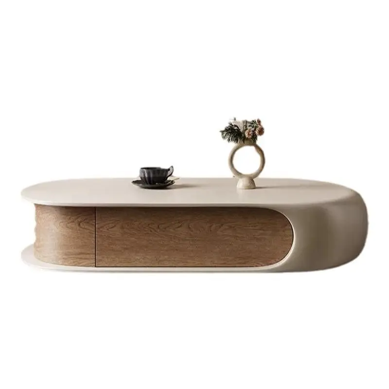 New cream wind oval solid wood wabi sand wind coffee table E0 grade environmental protection belt storage minimalist