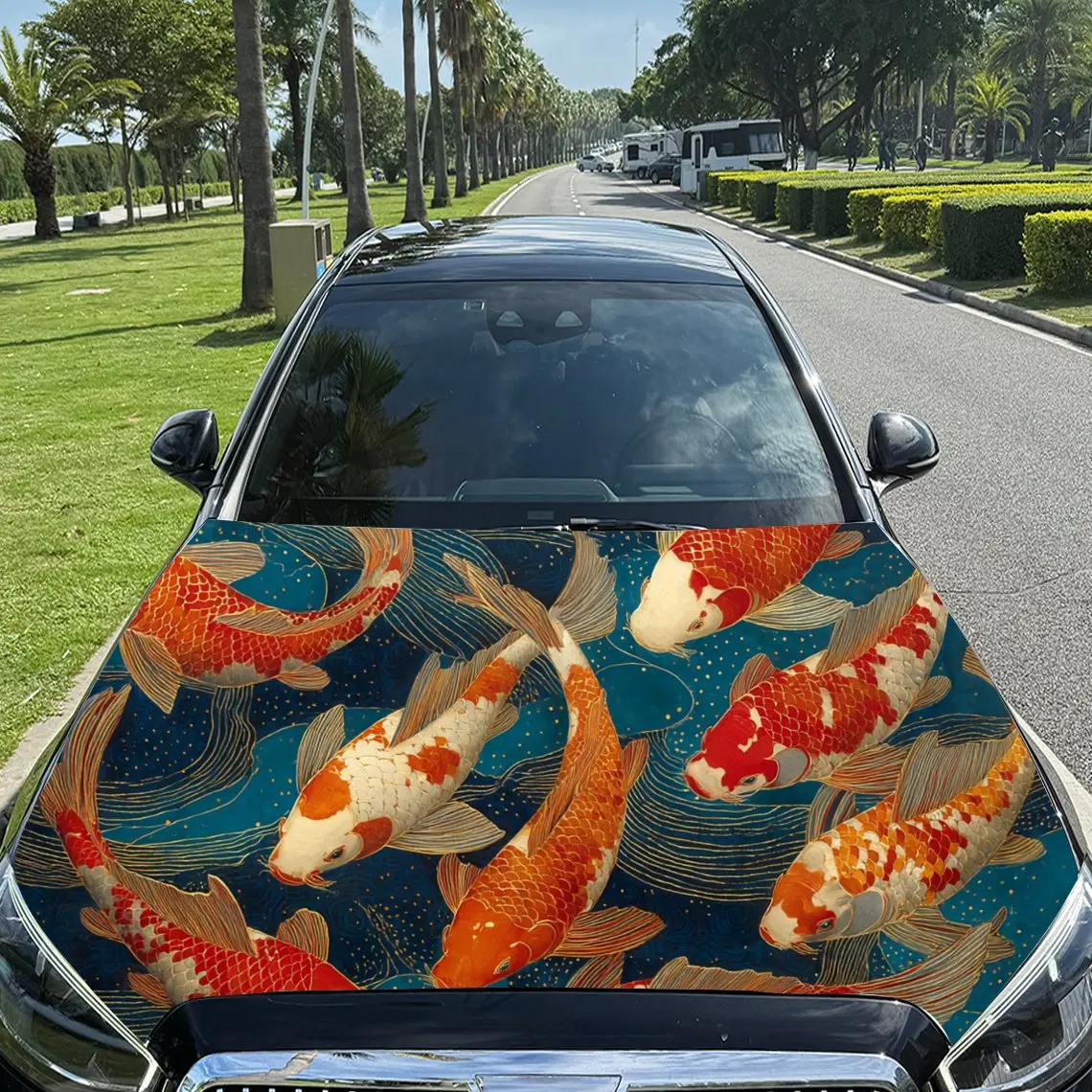 Lucky Koi Fish PVC Car Engine Hood Vinyl Wraps, Self-Adhesive Waterproof Car Hood Decal Sticker, Car Decoration Protection Stick