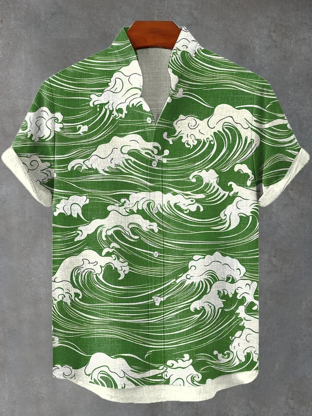 قميص رجالي صيفي بأكمام قصيرة بنمط مموج مطبوع وياقة واقفة وأزرار لأعلى ملابس شارع عصرية غير رسمية اجتماعية