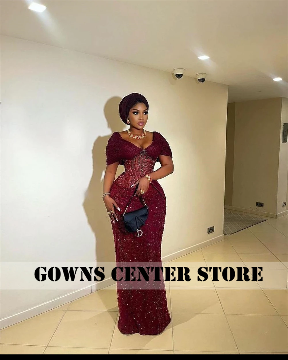 Unique Burgundy Beaded Aso ebi Evening Dresses 2024 African Wedding Reception Dress African Formal Prom Gowns Customized