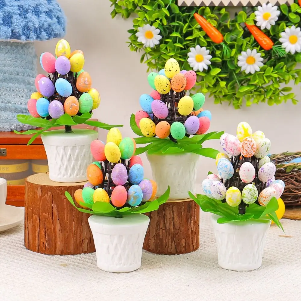 Colorful Easter Egg Tree Flowerpot Mini Handmade Painted Foam Egg Ornament DIY Crafts Simulation Egg Decorations Kids Gifts