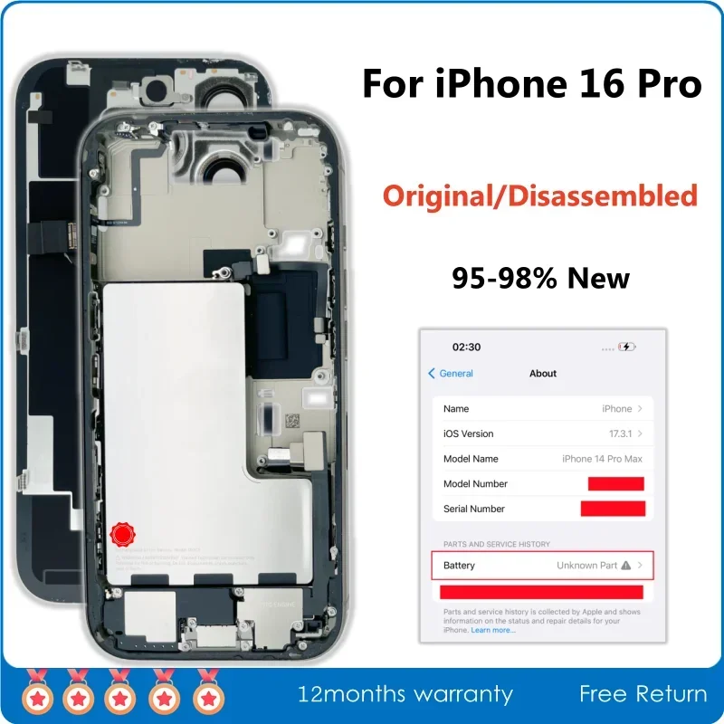 95-98% New Original Disassembled Middle Frame Housing Back Glass Cover For iPhone 16 Pro with Battery NFC Wireless Assembly