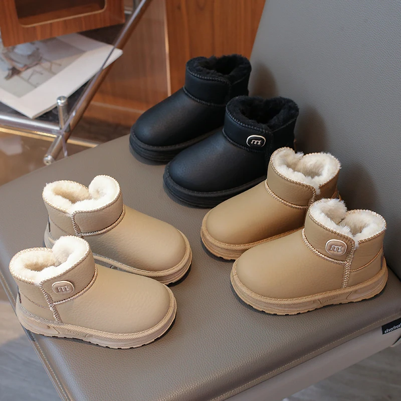 

New Winter Children's Leather Waterproof Snow Boots Anti-skid Thickened Cotton Boots