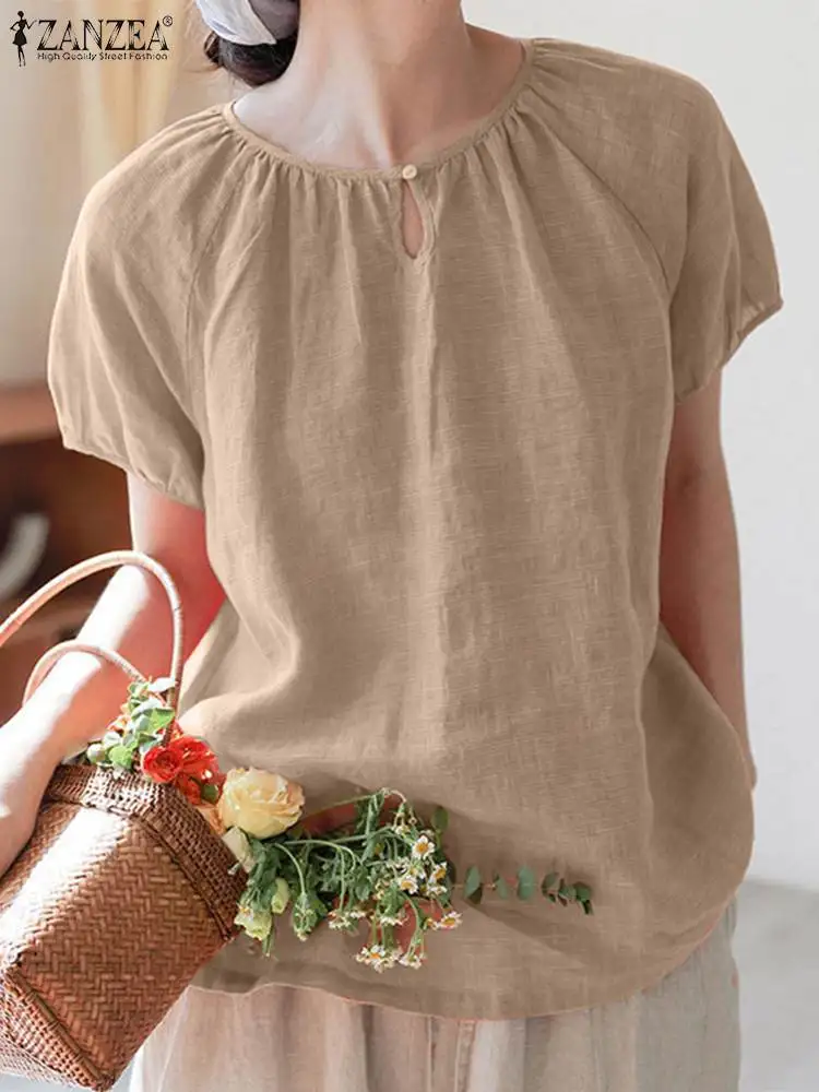 ZANZEA Summer Fashion Short Sleeve Blouse Woman O-Neck Solid Color Tunic Tops Female Casual Homewear Shirt Elegant Blusas Mujer