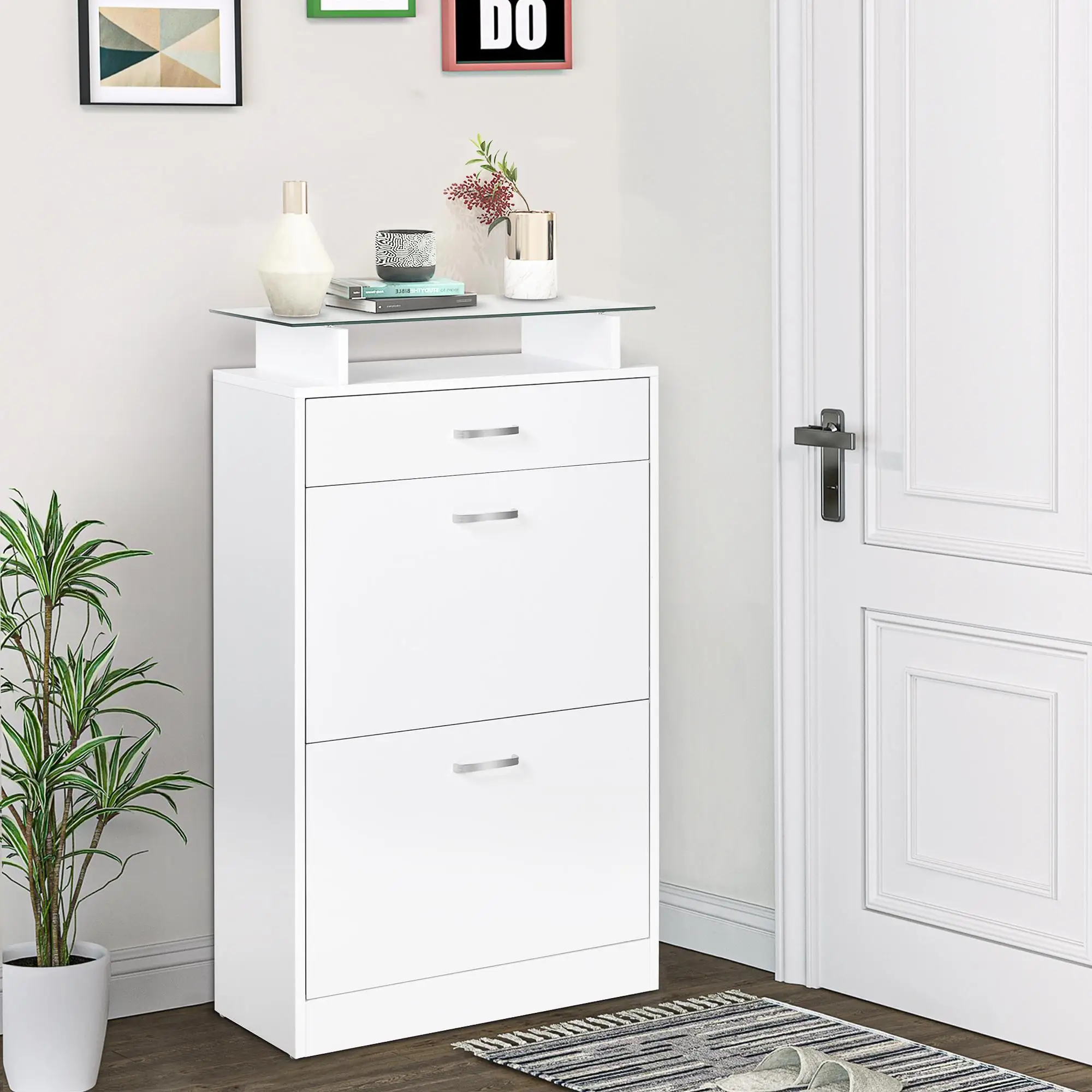 Meuble à chaussures blanc à 3 portes avec plateau en verre et poignée en aluminium pour environ 12 paires. Maison individuelle 60x105 cm