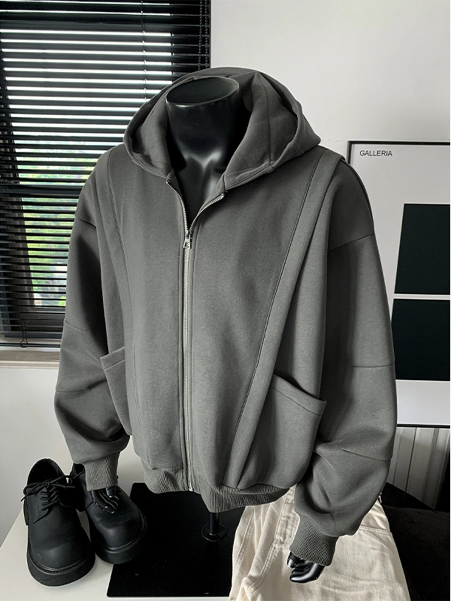 

American Sle Heavyweight Deconstructed Hooded Sweatirt Men's ort Wide Boxy ape Zipper Jaet Casual Summer Long Sve