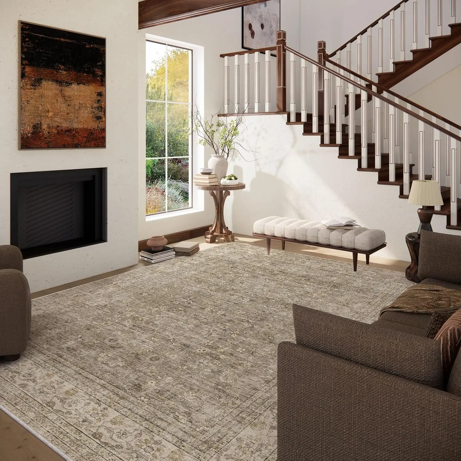 8x10 Washable Area Rug for Living Room, Vintage Non Slip Low Pile Stain Resistant Carpet for Bedroom Kitchen Dining Room, Machine Washable Boho Rug