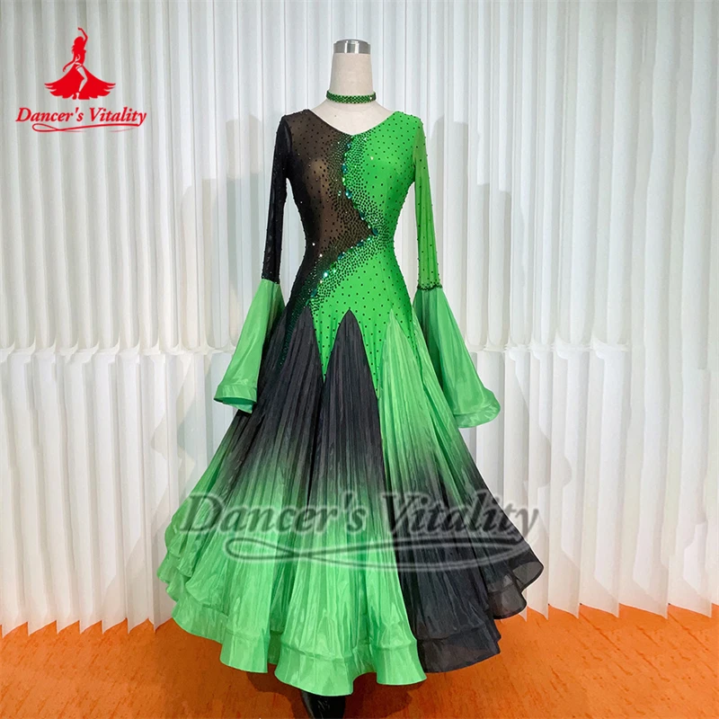 Social Dance Pearl Silk High Quality Fabric Pleated Dress Customized Black-green Gradient Color Foxtrot Waltz Contest Clothing