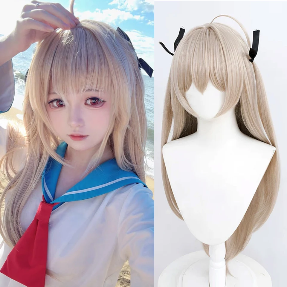 Long Straight Flaxen Synthetic Wig With Bangs My Dear Moments Atri Cosplay Wig For Women Heat Resistant Daily Party Lolita Wig