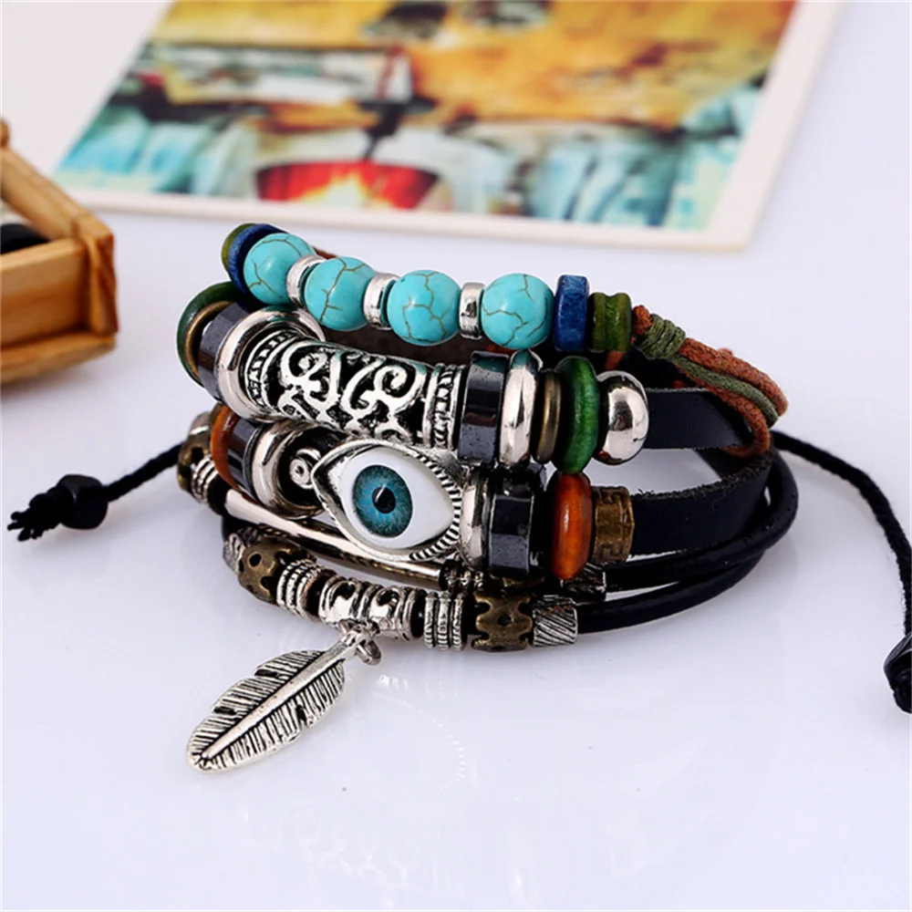 Turquoise Woven Leather Men's Bracelet European And American Four Combination Devil's Eye Men's And Women's Jewelry