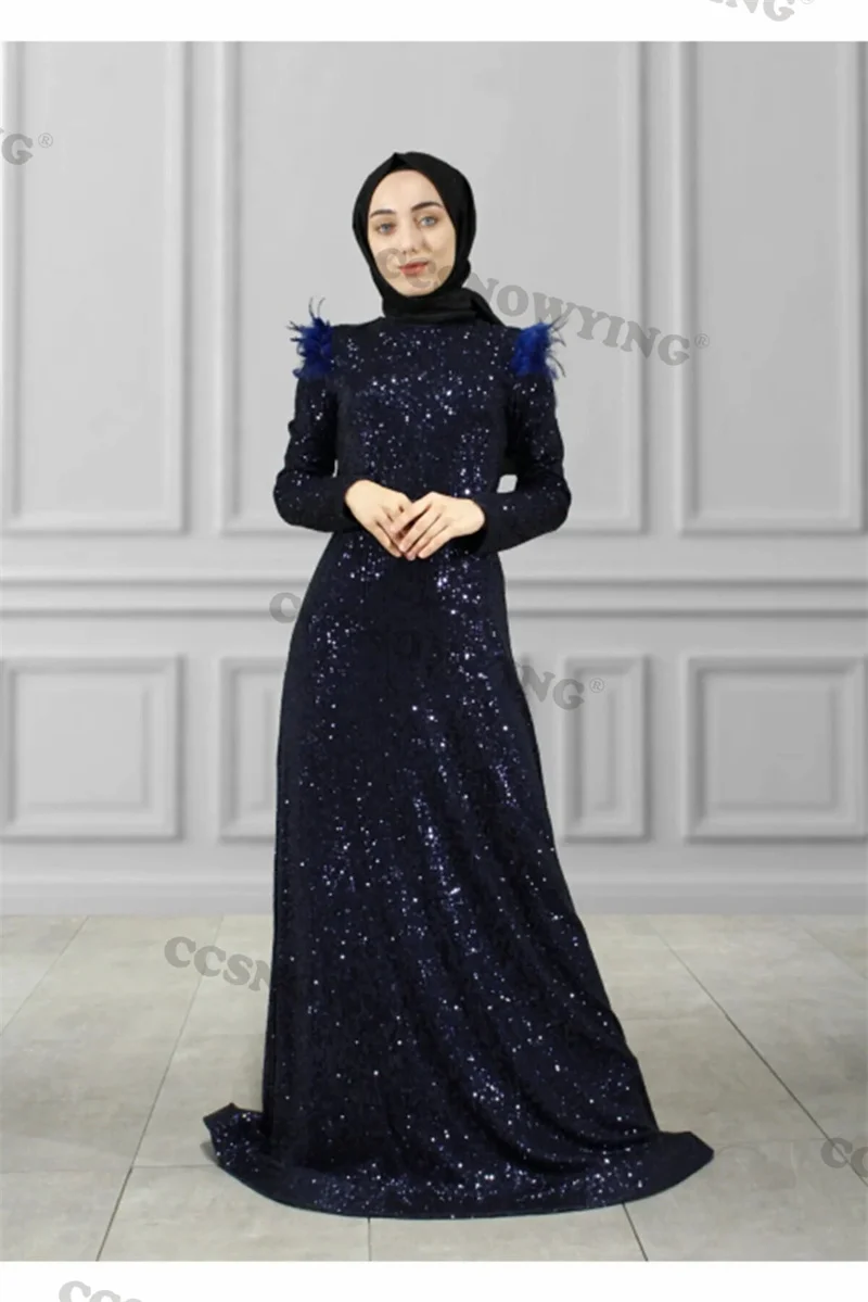 

Sparkly Sequin Feather Hijab Muslim Evening Dresses Long Sleeve High Neck Islamic Formal Party Gown Arabic Dubai Robes De Soirée