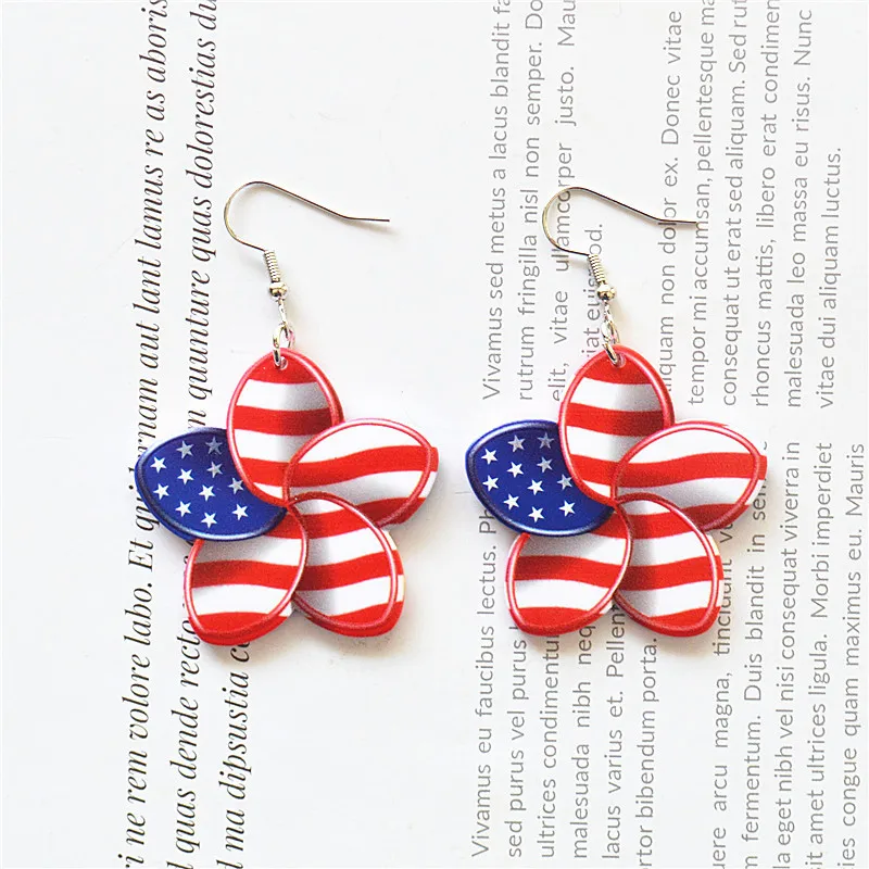 2 Pcs Fashion American Flag Flower Colorful Acrylic Dangle Earring Woman Party Gift Celebrated USA Independence Day