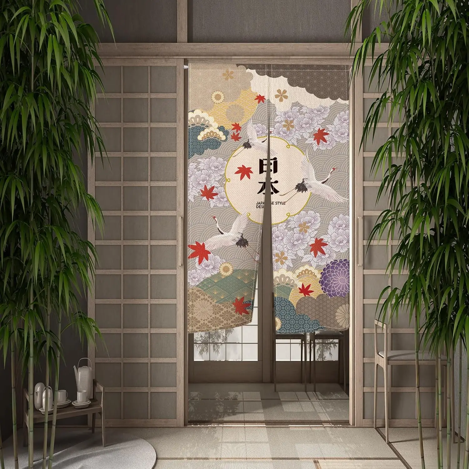 Japanese Style Design Doorway Curtain Cranes and Flower Wave Printed Window Treatment Tapestry for Wall Hanging Bistro Bar