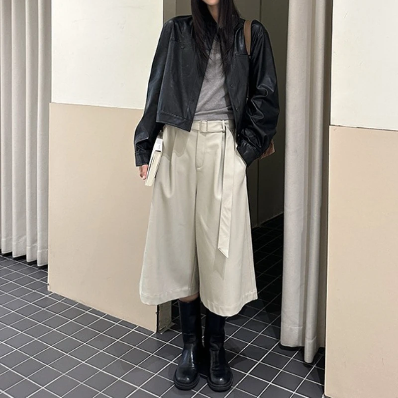 2025 Autumn New High-Waisted Slimming Versatile Leather Pants Women's High-End Slimming Loose Wide-leg Pants Pants