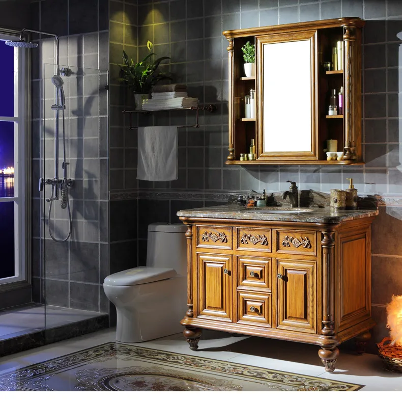 Bathroom Cabinet Combination Floor Red Oak Washbasin Mirror Cabinet Double Basin Solid Wood Antique Bathroom New