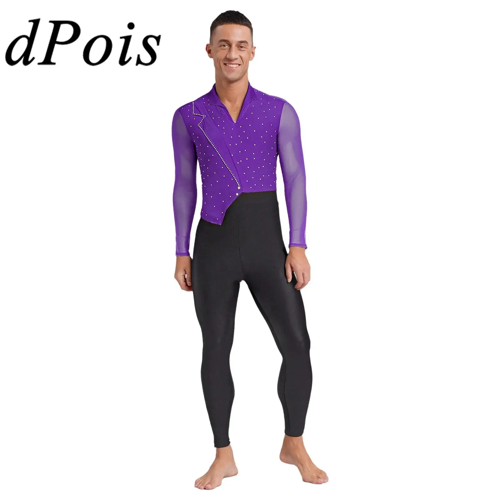 Costume da ballo latino da uomo Costume da spettacolo Uomo Danza Pattinaggio artistico Tuta Maglia attillata Maniche lunghe Ginnastica Unitards